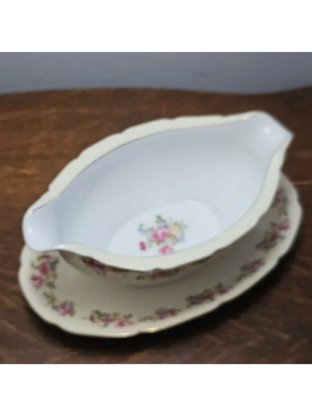 Gold Castle Hostess Gravy Boat 40s Occupied Japan vtg floral cabbage rose gold